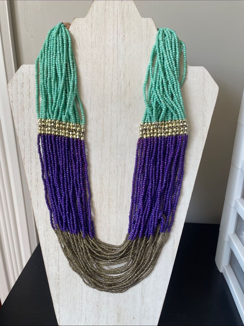 Multi-Color Glass Seed Bead Statement Necklace - Mint, Purple, Grey & Gold